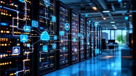 Realistic data center interconnected server racks cloud icons it management modern office