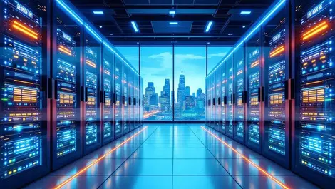 Melbourne high tech data center ai secure infrastructure blue glowing racks