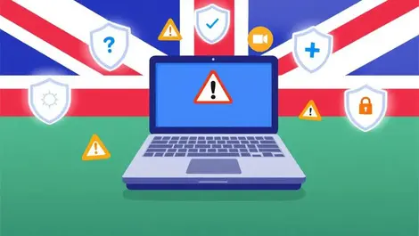 Uk retailers cyber security laptop warning shields digital threats illustration