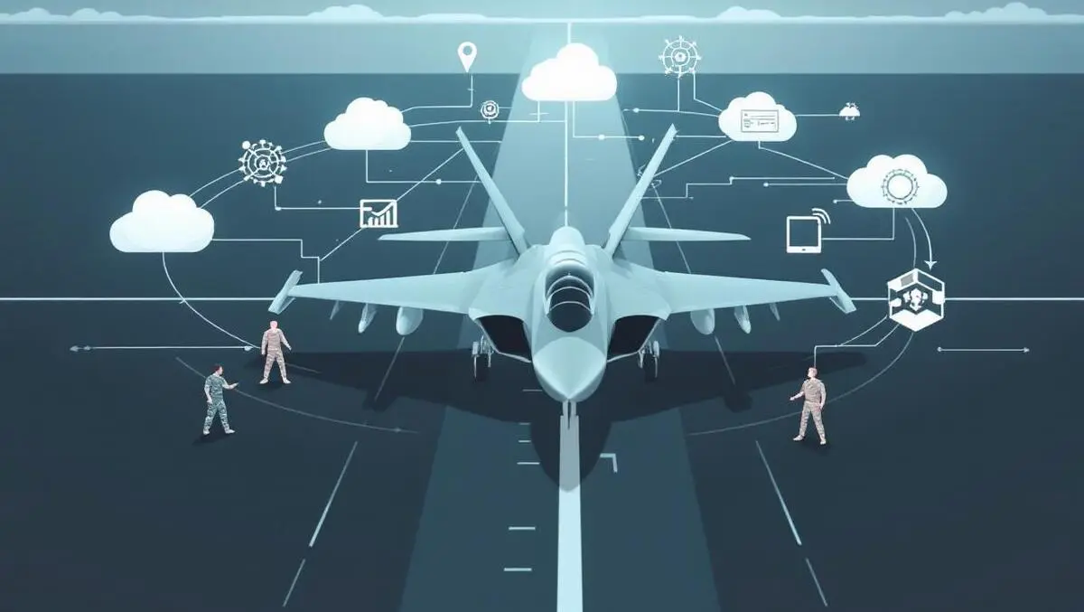 Jet on runway cloud connectivity data flow military tech collaboration