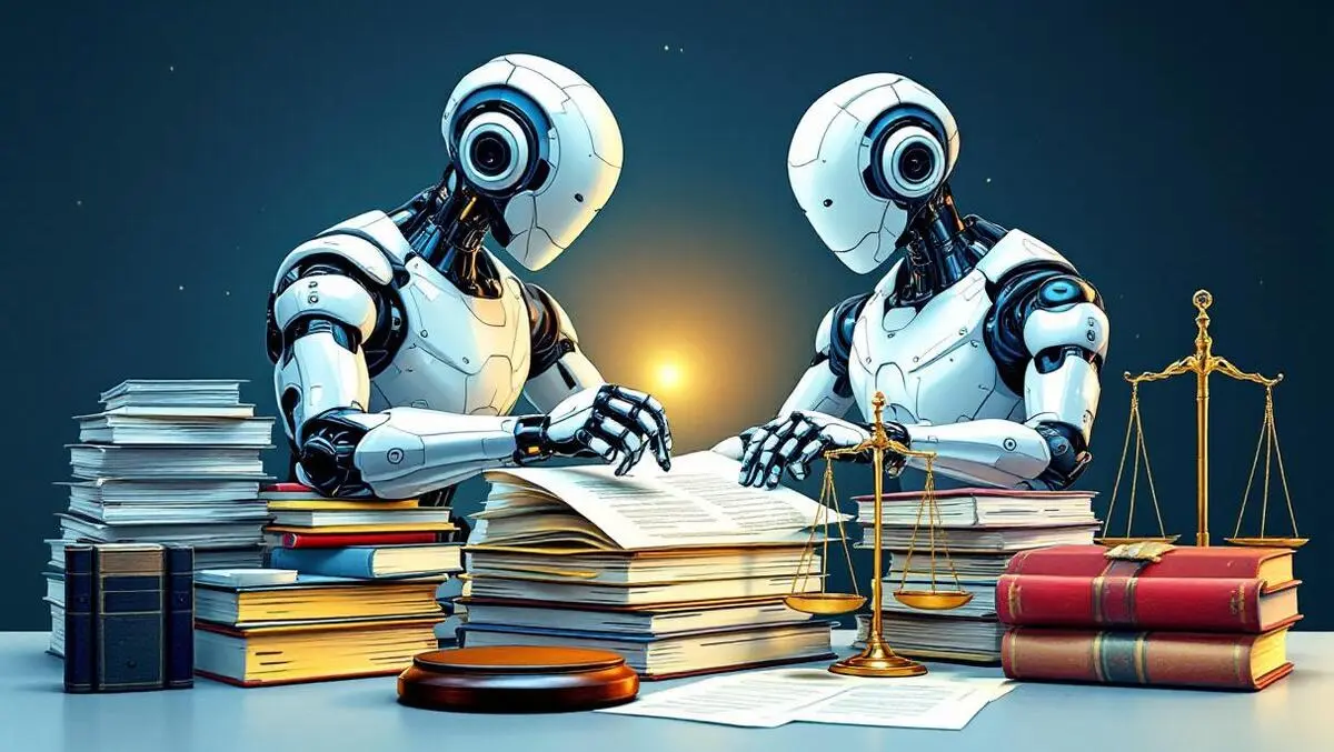 Intelligent ai robot analyzing legal documents books with judicial symbols