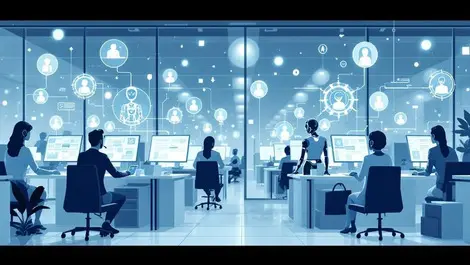 Busy customer service center with agents and virtual ai assistants modern office