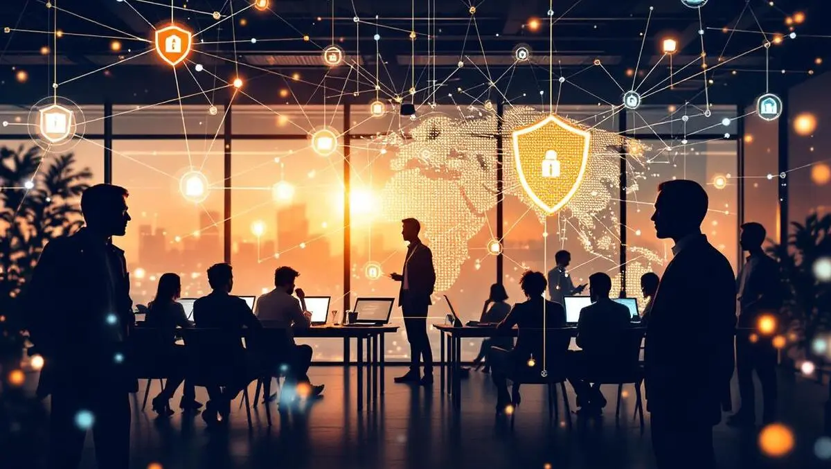 Office environment human silhouettes digital shield icons ai security network connections