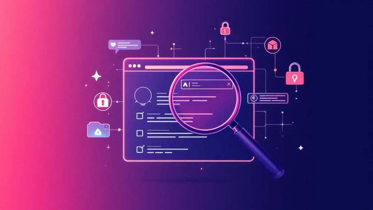 Digital illustration web browser magnifying glass ai data privacy security icons