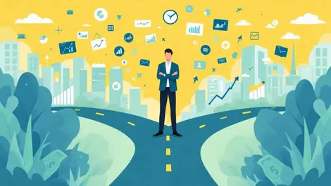 Businessperson crossroads digital marketing icons graphs dollar bills measuring investments