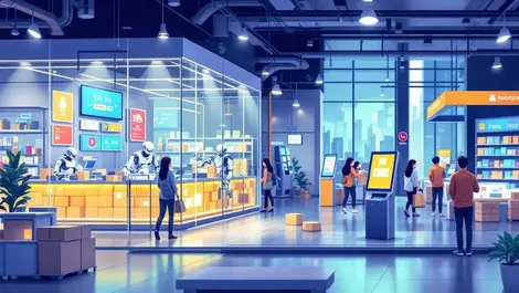 Modern retail store robots digital screens smart kiosks southeast asian cityscape