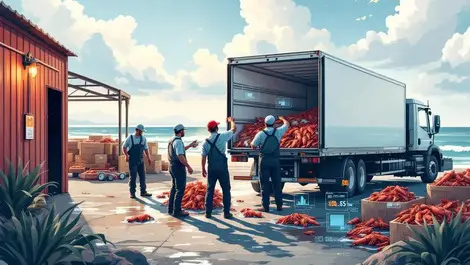 Australian fishermen loading western rock lobsters refrigerated truck ai logistics coastal facility