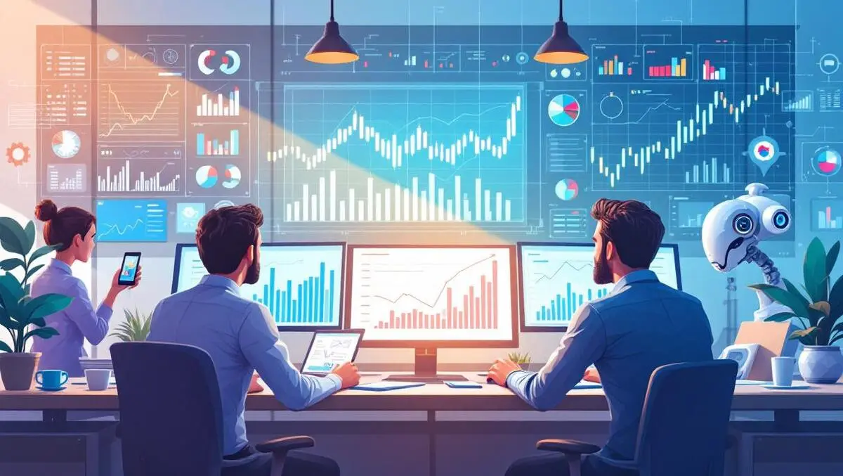 Busy office workspace finance professionals analyzing digital charts graphs ai assist