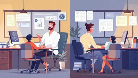 Illustration office researchers ai interface icons mixed manual work