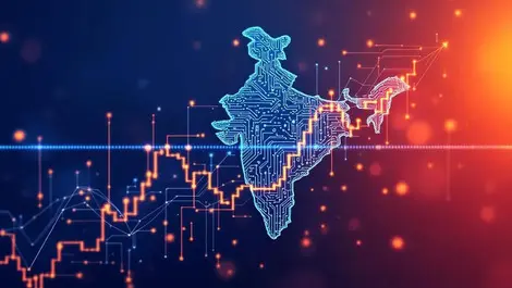 Upward trending graph ai circuit patterns with india outline economic growth symbol