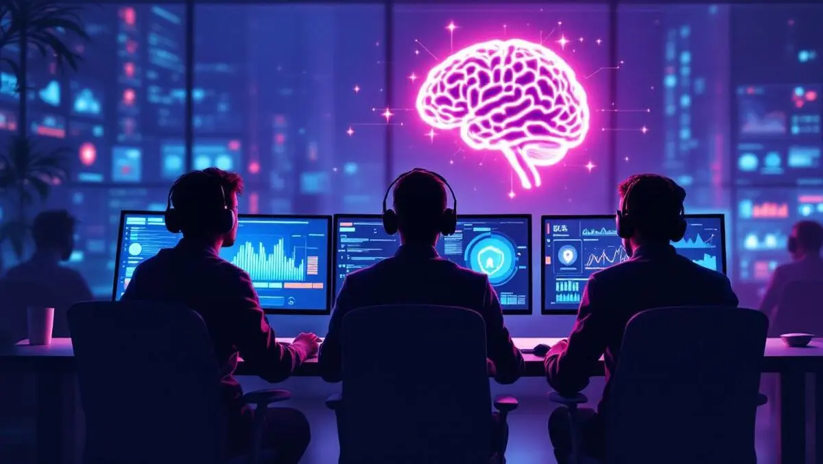 Realistic security operations center professionals monitoring digital threat activity ai brain teamwork