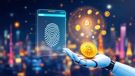 Fingerprint scan digital coins ai robot hand digital transactions modern asian city