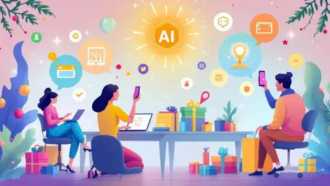 Colorful online shopping laptops phones festive digital wallet ai assistant