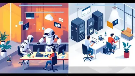 Modern workplace automation robots computers tech professionals collaborating