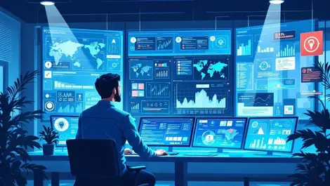 Security analyst examining multiple monitors network data threat alerts