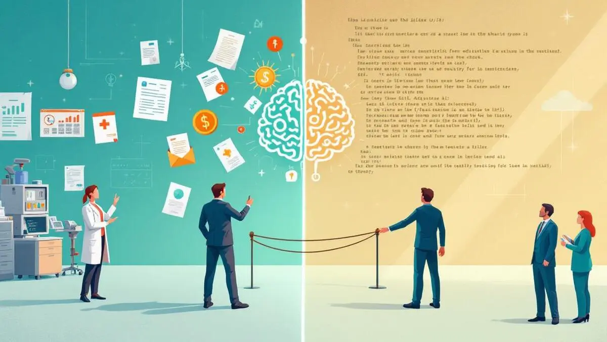 Split scene healthcare finance old fashioned equipment vs ai brain code with regulatory barrier