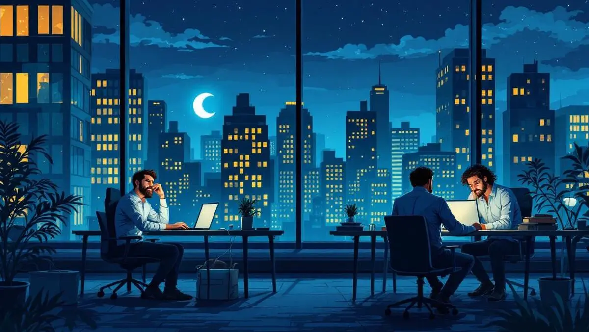 Tired office workers louisiana cityscape night stress exhaustion illustration