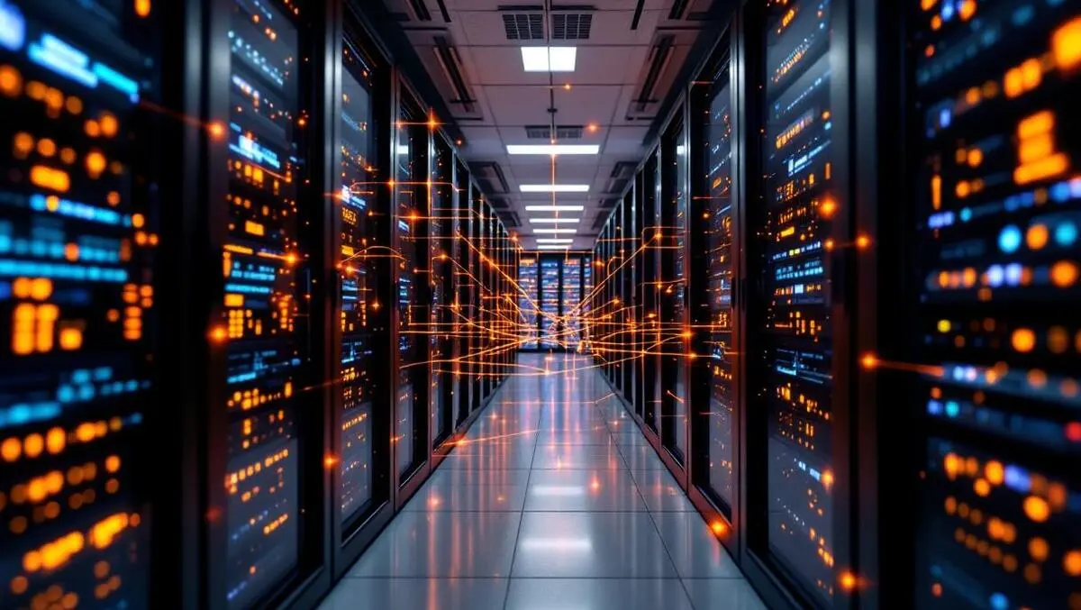 Modern office data center computer servers ai connections glowing lines realistic