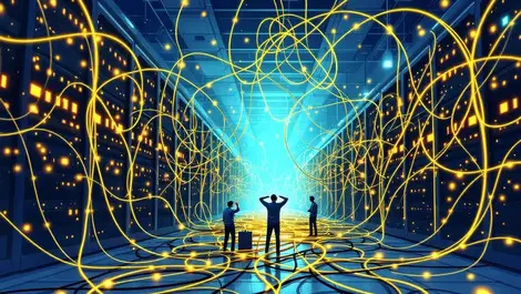 Busy data center server racks network traffic technicians tangled cables ai struggle