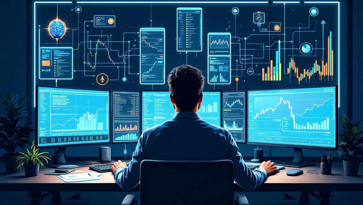 Professional asset manager analyzing financial data multiple screens ai graphs modern office