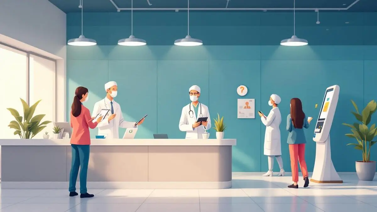 Realistic illustration medical professionals digital tablets computers modern clinic reception automated patient intake care