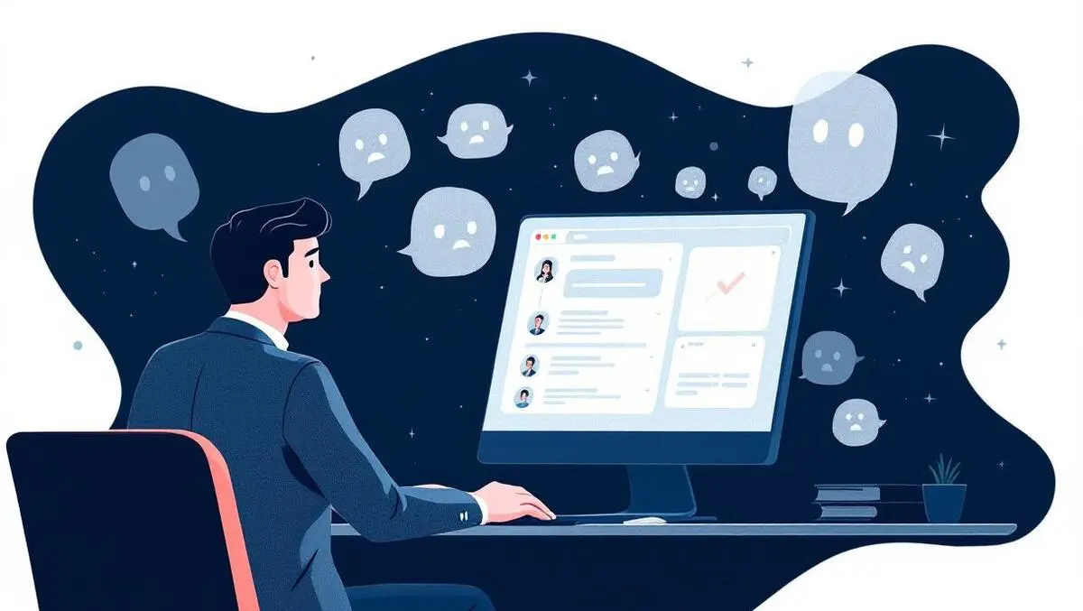 Businessman interacting with ai chatbot computer ghostly shapes symbolizing errors