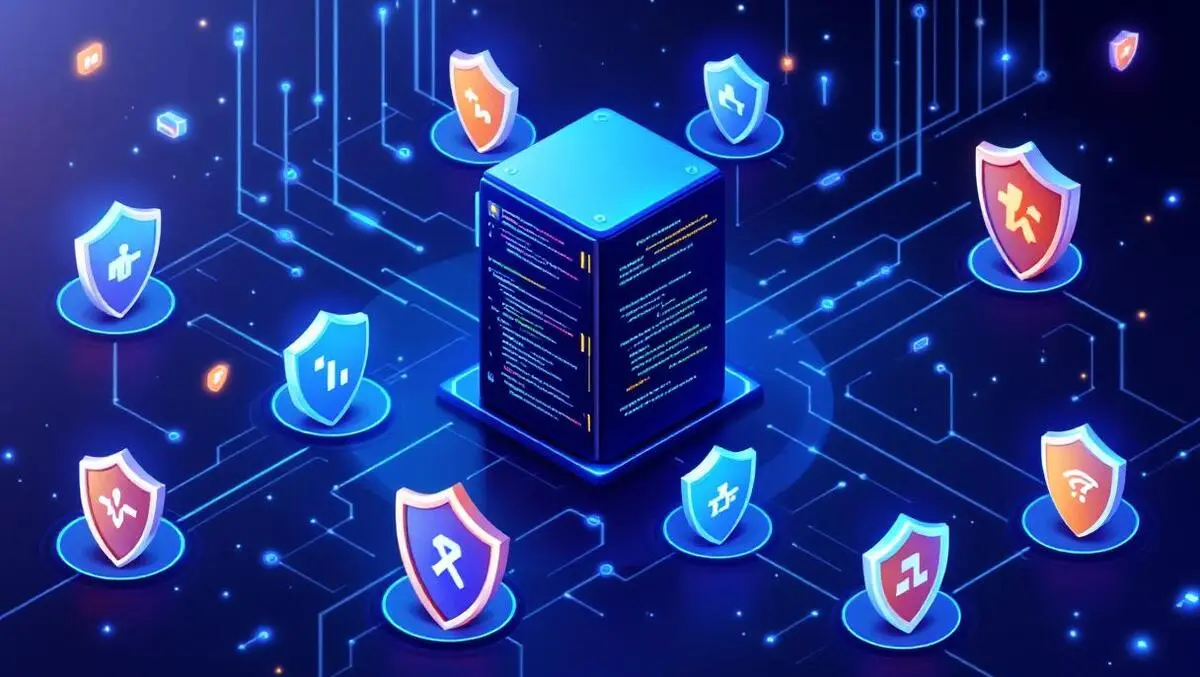 Interconnected servers code protective shields symbolizing cybersecurity in open source software