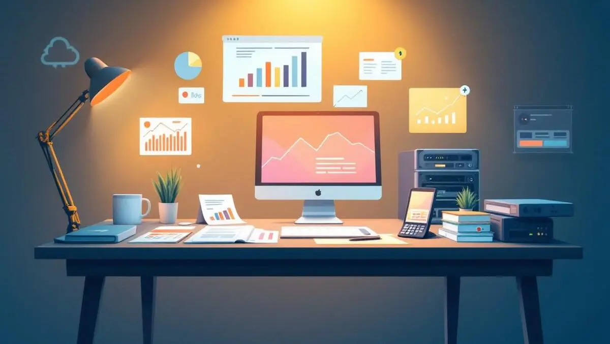 Modern office desk laptop calculator paperwork financial charts server rack tech integration