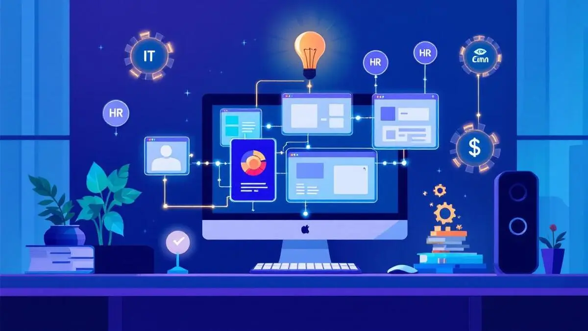 Office workspace computer multiple app windows glowing lines workflow automation it hr finance icons