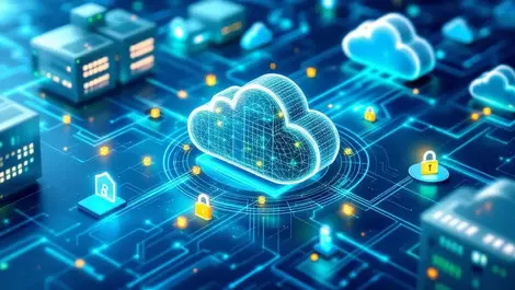 Detailed digital illustration interconnected cloud data centers secure lines data streams advanced protection