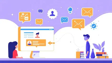 Hotel front desk computer guest profiles flying icons data analytics email booking technology hospitality marketing