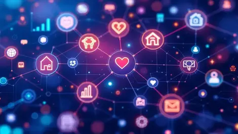 Interconnected icons healthcare food housing education ai public health network visualization