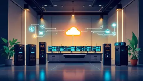 Modern malaysian broadcast office computer servers cloud icons connected