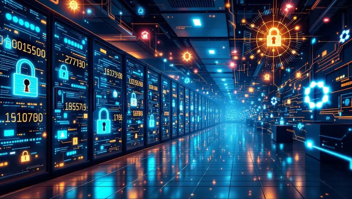 Secure server room glowing encrypted data streams quantum padlocks japan tech