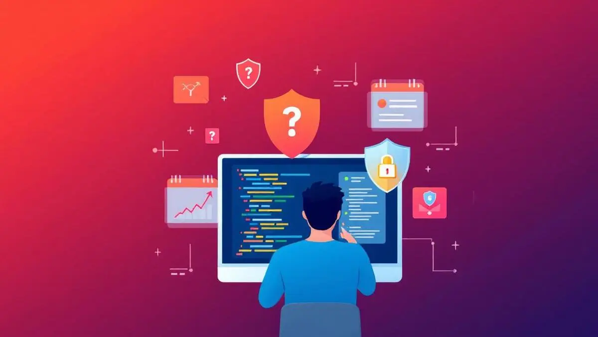 Software developer analyzing clean organized code surrounded by shields ai security flaw detection