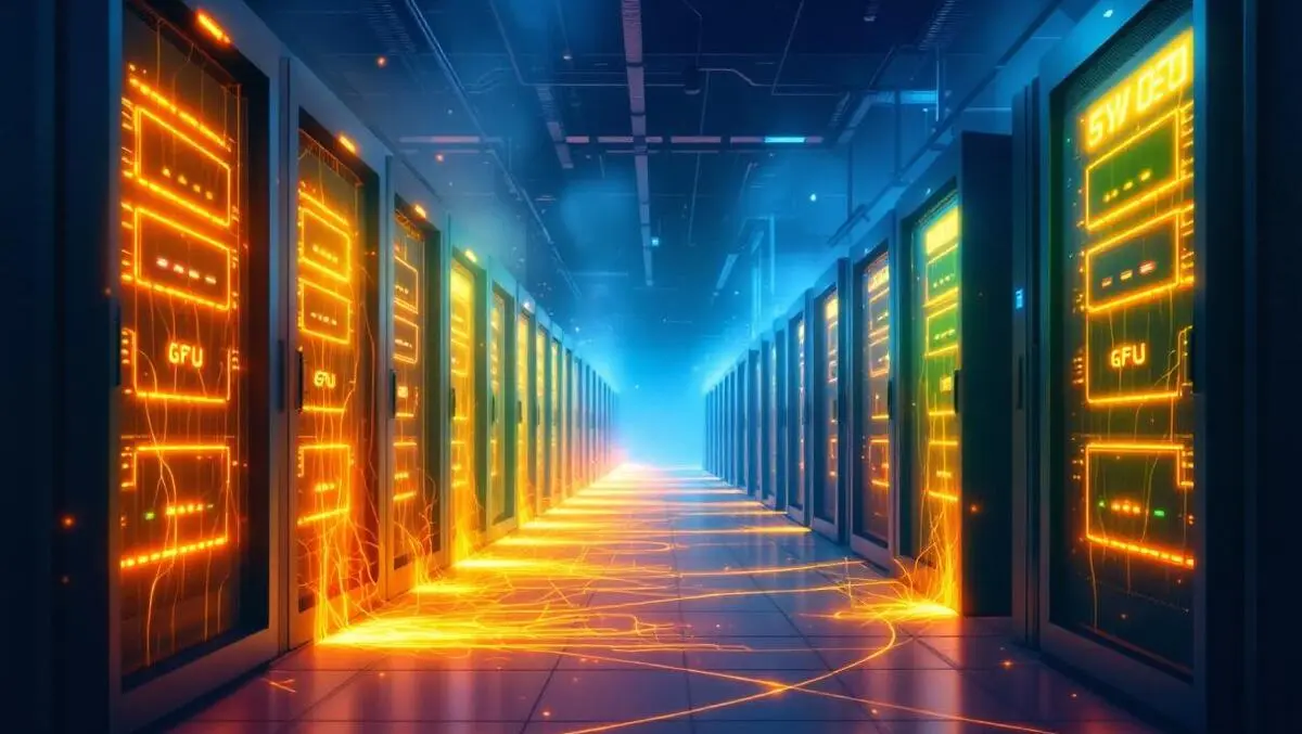 Illustration data center server racks glowing gpus wasted energy technology