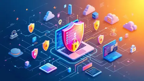 Computer network multiple digital shields abstract automated security icons vigilant monitoring cyber defense