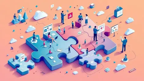 Large puzzle assembly audio visual tech cloud communication business icons expansion