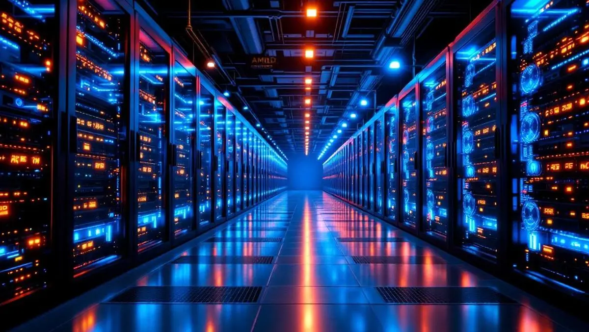 Modern data center interior rows server racks glowing amd gpus advanced tech