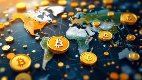 Realistic digital global currency coins interconnected paths exchange conversion globe