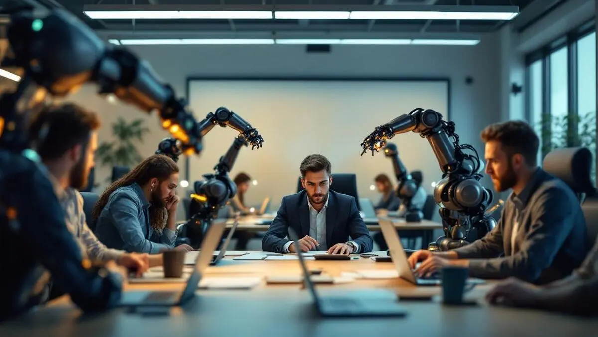 Stressed office workers robots doing tasks empty training room background