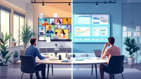 Hybrid office meeting before after chaotic vs automated workflows