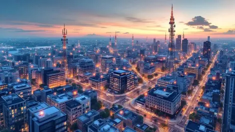 Smart city dusk lorawan iot network rooftop street sensors view