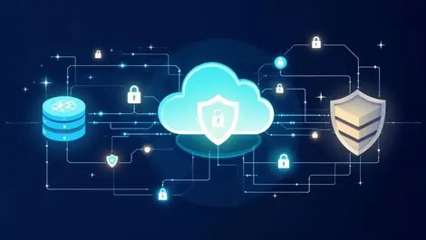 Secure cloud onprem data flow shields locks blue teal flat design