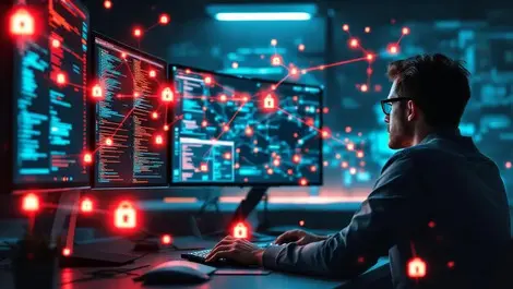 Cybersecurity ops room analyst monitoring ai threat map alerts