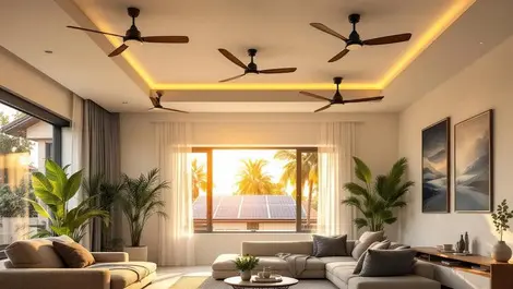 Modern indian living room multiple  ceiling fans solar panels view