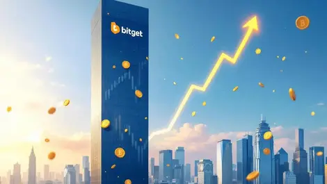 Bitget skyscraper upward arrow on volume bars crypto market rise