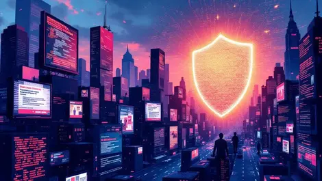 Nyc dusk cityscape billboards code shadow figures ad fraud shield