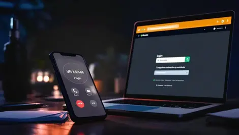 Smartphone suspicious call laptop fake login deceptive subdomain scene