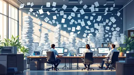 Busy hospital admin office paper files to digital records efficiency